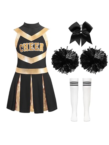 CHICTRY Cheerleaderin Kleid Kinder Mädchen Tanz Outfit Ärmellos Sportkleid Metallic CHEER Print Tanzkleid Mit Pompons Haarband Strümpfe 4tlg Dancewear A Weiß&Schwarz 170 von CHICTRY