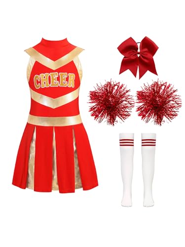 CHICTRY Cheerleaderin Kleid Kinder Mädchen Tanz Outfit Ärmellos Sportkleid Metallic CHEER Print Tanzkleid Mit Pompons Haarband Strümpfe 4tlg Dancewear B Rot 158-164 von CHICTRY