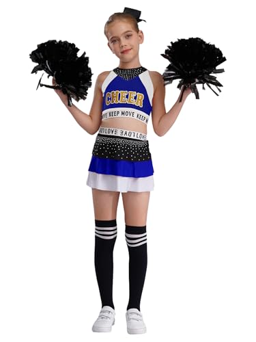 CHICTRY Cheerleading Kostüm Kinder Mädchen Uniform Kleid Pailletten Glitzer Tanz Top A Linien Faltenrock Mit Pompons Stirnband Strümpfe Tanzkostüm Blau Weiss 110-116 von CHICTRY