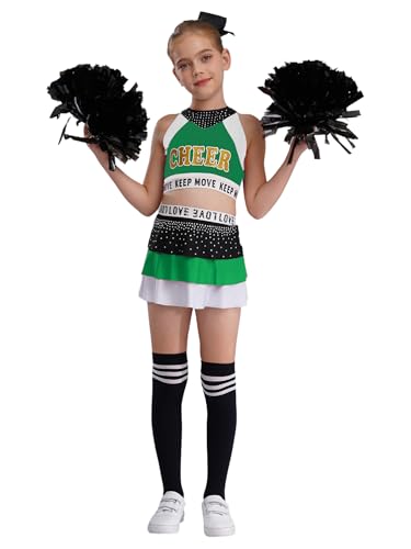 CHICTRY Cheerleading Kostüm Kinder Mädchen Uniform Kleid Pailletten Glitzer Tanz Top A Linien Faltenrock Mit Pompons Stirnband Strümpfe Tanzkostüm Grün Weiß 110-116 von CHICTRY