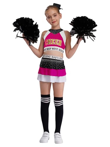 CHICTRY Cheerleading Kostüm Kinder Mädchen Uniform Kleid Pailletten Glitzer Tanz Top A Linien Faltenrock Mit Pompons Stirnband Strümpfe Tanzkostüm Pink und Weiß 134-140 von CHICTRY