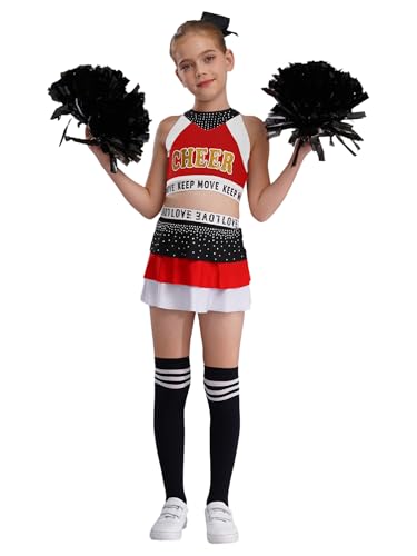 CHICTRY Cheerleading Kostüm Kinder Mädchen Uniform Kleid Pailletten Glitzer Tanz Top A Linien Faltenrock Mit Pompons Stirnband Strümpfe Tanzkostüm Rot-Weiss 134-140 von CHICTRY