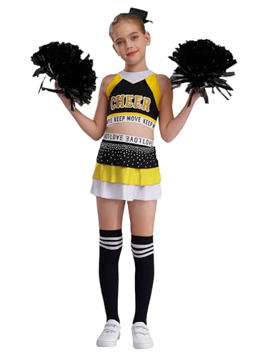 CHICTRY Cheerleading Kostüm Kinder Mädchen Uniform Kleid Pailletten Glitzer Tanz Top A Linien Faltenrock Mit Pompons Stirnband Strümpfe Tanzkostüm Schwarz Gelb 110-116 von CHICTRY