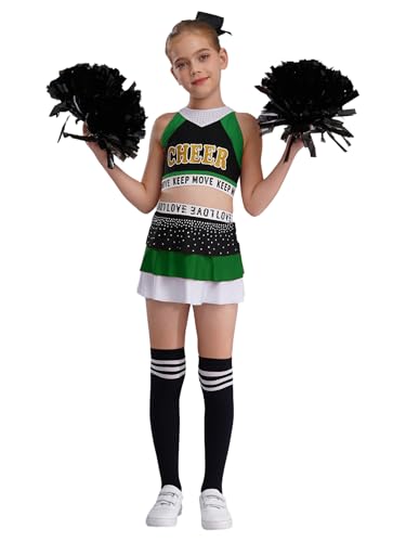 CHICTRY Cheerleading Kostüm Kinder Mädchen Uniform Kleid Pailletten Glitzer Tanz Top A Linien Faltenrock Mit Pompons Stirnband Strümpfe Tanzkostüm Schwarz Grün 134-140 von CHICTRY