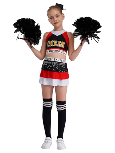 CHICTRY Cheerleading Kostüm Kinder Mädchen Uniform Kleid Pailletten Glitzer Tanz Top A Linien Faltenrock Mit Pompons Stirnband Strümpfe Tanzkostüm Schwarz Rot 110-116 von CHICTRY