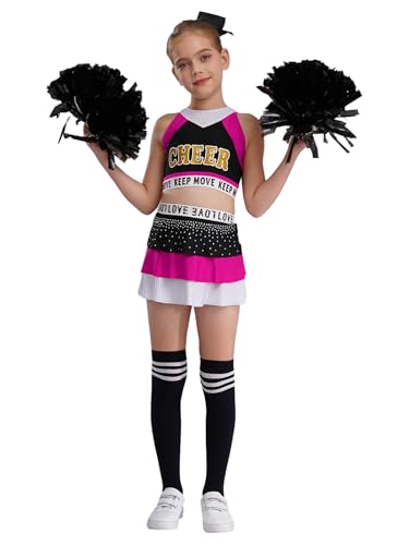 CHICTRY Cheerleading Kostüm Kinder Mädchen Uniform Kleid Pailletten Glitzer Tanz Top A Linien Faltenrock Mit Pompons Stirnband Strümpfe Tanzkostüm Schwarz & Hot Pink 134-140 von CHICTRY