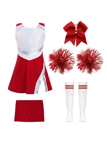 CHICTRY Cheerleading Training Outfit Kinder Mädchen Metallic Patchwork Sport Kleider Ärmellos Tanzkleid Mit Stirnband Pompons Shorts Strümpfe 5tlg Tanzkostüm B Rot 98-104 von CHICTRY