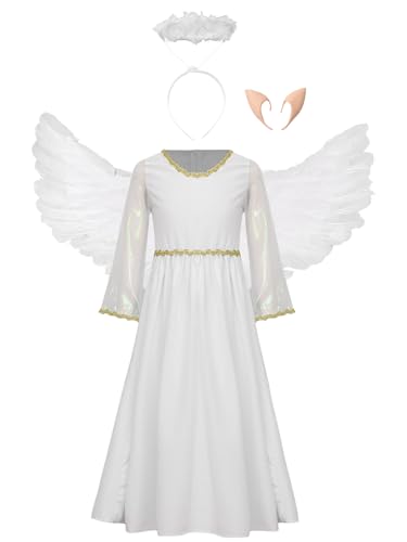 CHICTRY Christkind Kleid Kinder Mädchen Trompetenärmel Maxikleid Goldenbesatz Partykleid Mit Flügel Ohren Haarband Weihnachtsengel Kostüm Weiß 110-116 von CHICTRY