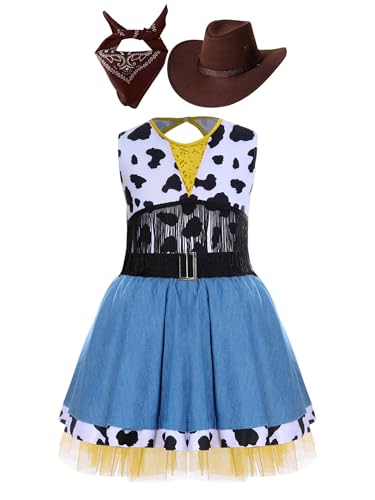 CHICTRY Cowgirl Kostüm Kinder Mädchen Kuhmuster Tutu Kleid Pailletten Glitzer Jeanskleid A Linien Ballettkleid Mit Bandana Kopftuch Cowboyhut 3tlg Outfit Dunkler Kaffee 170 von CHICTRY