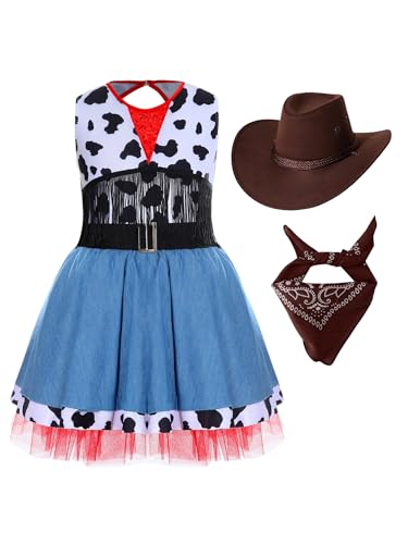 CHICTRY Cowgirl Kostüm Kinder Mädchen Kuhmuster Tutu Kleid Pailletten Glitzer Jeanskleid A Linien Ballettkleid Mit Bandana Kopftuch Cowboyhut 3tlg Outfit Rot 170 von CHICTRY