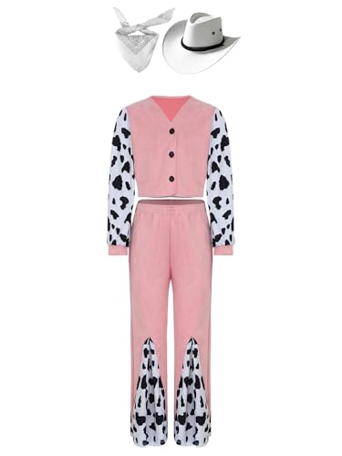 CHICTRY Cowgirl Outfit Kinder Mädchen Bekleidungsset Langarm Kuhmuster Jacke Mit High Waist Schlaghose Cowboyhut Kopftuch 4tlg Cosplay Verkleidung Rosa 146-152 von CHICTRY