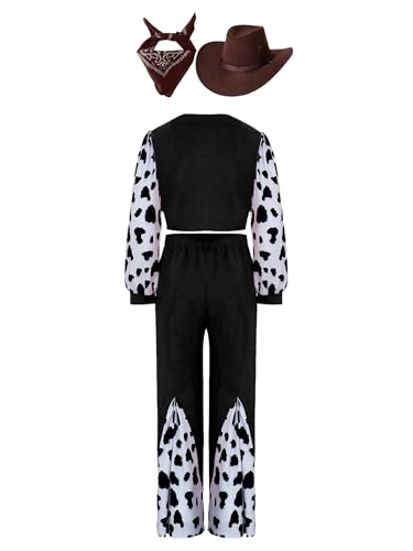 CHICTRY Cowgirl Outfit Kinder Mädchen Bekleidungsset Langarm Kuhmuster Jacke Mit High Waist Schlaghose Cowboyhut Kopftuch 4tlg Cosplay Verkleidung Schwarz 170 von CHICTRY