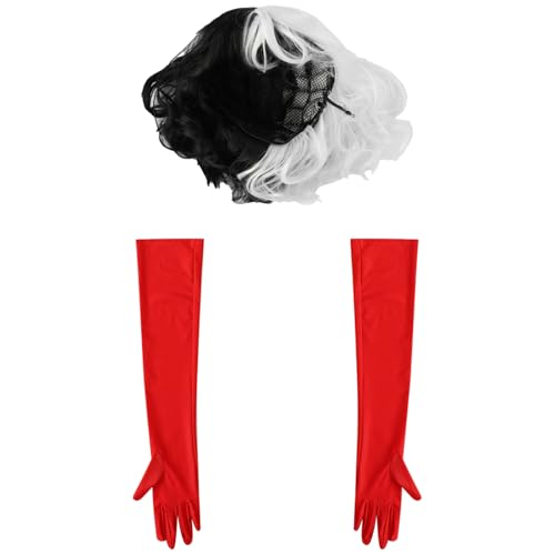 CHICTRY Cruella-Cosplay Kostüm Set Cruella-Perücke Rot Handschuhe Kurze Schwarze Weiße Perücke Cosplay Perücke für Karneval Halloween 2Stk One Size von CHICTRY