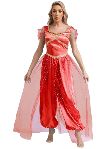 CHICTRY Damen Aladin Kostüm Araber Prinzessin Jumpsuit Fliegenärmel Overall Lang Strampler Mit Tüllschicht Märchen Halloween Karneval Cosplay Verkleidung Burgundy M von CHICTRY