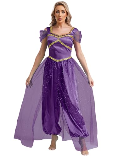 CHICTRY Damen Aladin Kostüm Araber Prinzessin Jumpsuit Fliegenärmel Overall Lang Strampler Mit Tüllschicht Märchen Halloween Karneval Cosplay Verkleidung Dunkelviolett M von CHICTRY