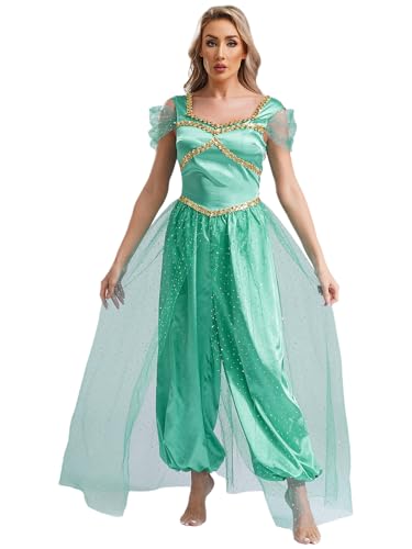 CHICTRY Damen Aladin Kostüm Araber Prinzessin Jumpsuit Fliegenärmel Overall Lang Strampler Mit Tüllschicht Märchen Halloween Karneval Cosplay Verkleidung Türkis L von CHICTRY