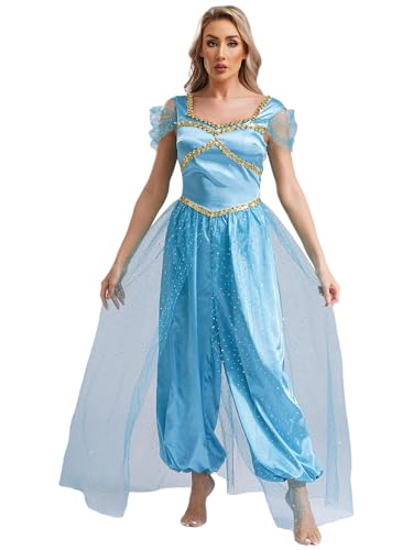 CHICTRY Damen Aladin Kostüm Araber Prinzessin Jumpsuit Fliegenärmel Overall Lang Strampler Mit Tüllschicht Märchen Halloween Karneval Cosplay Verkleidung blauer See L von CHICTRY