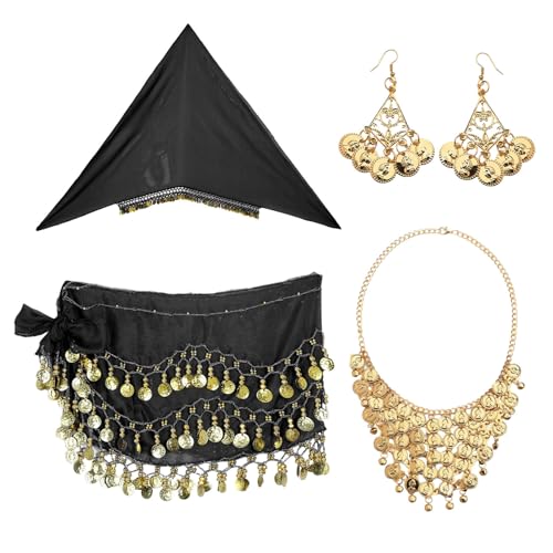 CHICTRY Damen Bauchtanz Accessoires Set Bauchtanz Münzgürtel Kopftuch Ohrring Halskette Belly Dance Outfit Fasching Karneval Schwarz Einheitsgröße von CHICTRY