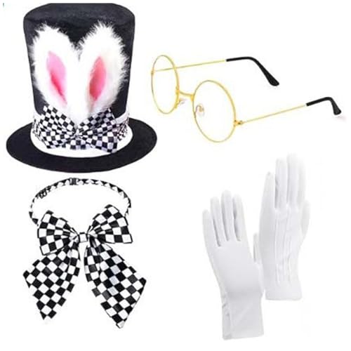 CHICTRY Damen Bunny Cospaly Kostüm Kaninchen Hase Kostüm Set Zylinder Hut mit Hasenohren Brille Fliege Handschuhe Mesh Rock Strümpfe Ostern Cosplay Typ A One Size von CHICTRY