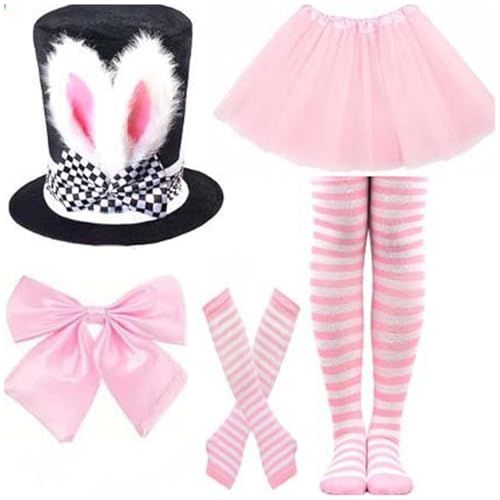 CHICTRY Damen Bunny Cospaly Kostüm Kaninchen Hase Kostüm Set Zylinder Hut mit Hasenohren Brille Fliege Handschuhe Mesh Rock Strümpfe Ostern Cosplay Typ E One Size von CHICTRY