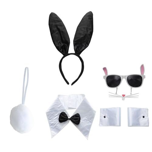 CHICTRY Damen Bunny Kostüm Zubehör Kaninchenohren Stirnband Plüsch Schwanz Manschetten Brille Bowtie Halloween Hase Cosplay Fasching Requisiten 5 Stück Schwarz One Size von CHICTRY