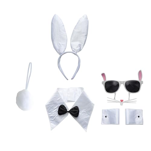 CHICTRY Damen Bunny Kostüm Zubehör Kaninchenohren Stirnband Plüsch Schwanz Manschetten Brille Bowtie Halloween Hase Cosplay Fasching Requisiten 5 Stück Weiß One Size von CHICTRY