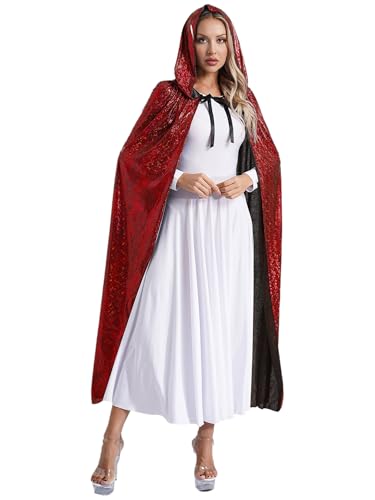 CHICTRY Damen Karneval Halloween Kapuzenumhang Pailletten Glitzer Robe Shimmer Cape Lang Cosplay Requisiten Für Fasching Mottoparty Rot M von CHICTRY