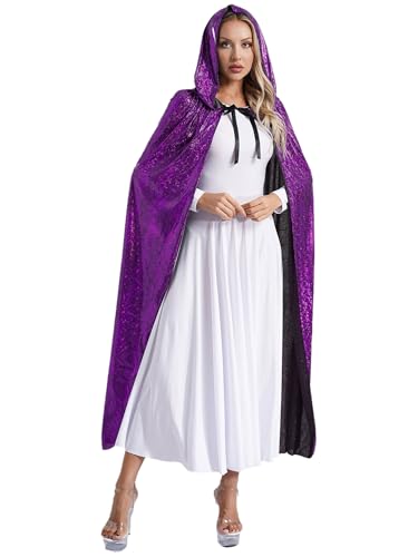 CHICTRY Damen Karneval Halloween Kapuzenumhang Pailletten Glitzer Robe Shimmer Cape Lang Cosplay Requisiten Für Fasching Mottoparty Violett L von CHICTRY