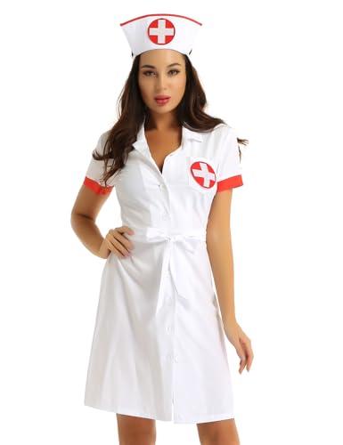 CHICTRY Damen Kittel Laborkittel Arztkittel Krankenschwester Kostüm Kleid Mantel mit V-Ausschnitt Wissenschaftslabor Studenten Cosplay Gr. S-3XL Weiß A 3XL von CHICTRY