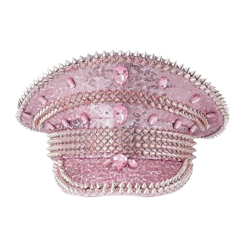 CHICTRY Damen Pailletten Kapitänsmütze mit Strass Deko Glitzer Militärhut Party Rave Hut Kapitän Kappe Kopfbedeckung Fasching Mottoparty Rosa Einheitsgröße von CHICTRY