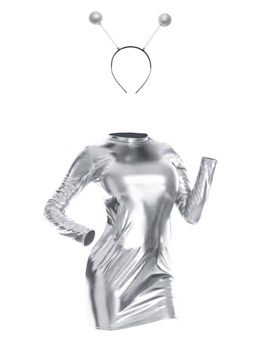 CHICTRY Damen Space Girl Alien Kostüm Karneval Metallic Kleider Langarm Partykleid Mit Alien Stirnband 2pcs Disco Club Verkleidung B Silber XL von CHICTRY