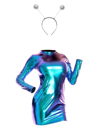 CHICTRY Damen Space Girl Alien Kostüm Karneval Metallic Kleider Langarm Partykleid Mit Alien Stirnband 2pcs Disco Club Verkleidung Blau M von CHICTRY