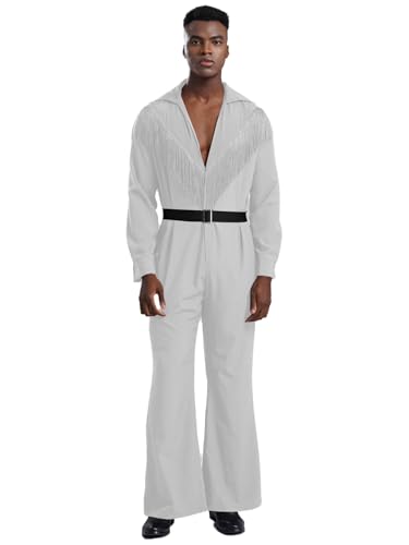 CHICTRY Disco Kostüm Herren Overall Langarm Fransen Jumpsuit Mit Gürtel Tief V-Ausschnitt Oberteil Stretch Schlaghose Weites Bein Tanzkostüm Weiß XXL von CHICTRY