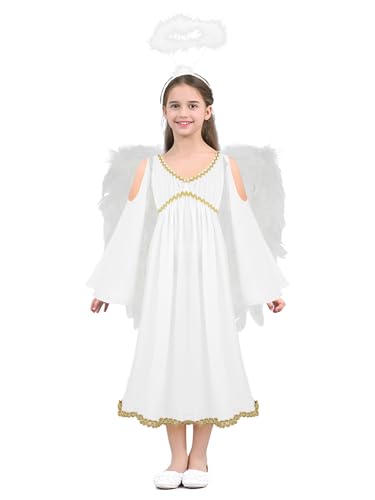 CHICTRY Engelskostüm Kinder Mädchen Trompetenärmel Maxikleid Engelsflügel Mit Heiligenschein Halloween Engel Kostüm Set Für Mottoparty Weiß B 116-122 von CHICTRY