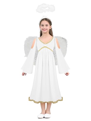 CHICTRY Engelskostüm Kinder Mädchen Trompetenärmel Maxikleid Engelsflügel Mit Heiligenschein Halloween Engel Kostüm Set Für Mottoparty Weiß C 116-122 von CHICTRY