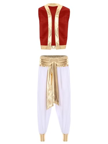 CHICTRY Erwachsene Arabische Prinz Kostüm Herren Satin Weste Mit Golden Besatz High Waist Aladinhose Metallic Patchwork Leggings Cosplay Verkleidung Rot-Weiss XL von CHICTRY