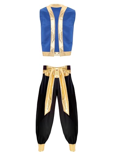 CHICTRY Erwachsene Arabische Prinz Kostüm Herren Satin Weste Mit Golden Besatz High Waist Aladinhose Metallic Patchwork Leggings Cosplay Verkleidung Schwarz M von CHICTRY