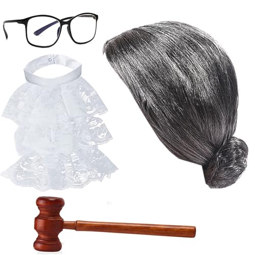 CHICTRY Erwachsene Richter Cosplay Kostüm Barocke Perücke Richterhammer Lesebrille Vintage Jabot Anwalt Cosplay Zubehör Fasching 4 Stück C One Size von CHICTRY