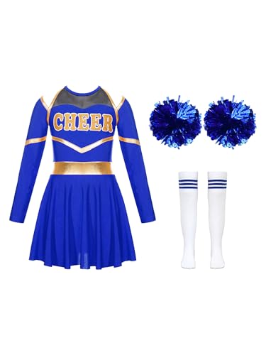 CHICTRY Fasching Kostüm Mädchen Cheerleaderin Kleid Langarm Metallic CHEER Print Tanzkleid Mit Pompons Strümpfe 3tlg Tanzkostüm A Königsblau 146-152 von CHICTRY