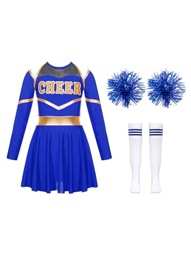 CHICTRY Fasching Kostüm Mädchen Cheerleaderin Kleid Langarm Metallic CHEER Print Tanzkleid Mit Pompons Strümpfe 3tlg Tanzkostüm B Königsblau 110-116 von CHICTRY