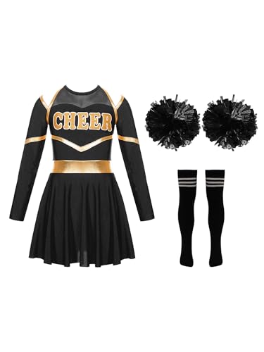 CHICTRY Fasching Kostüm Mädchen Cheerleaderin Kleid Langarm Metallic CHEER Print Tanzkleid Mit Pompons Strümpfe 3tlg Tanzkostüm Ein Schwarz-Weiß 134-140 von CHICTRY