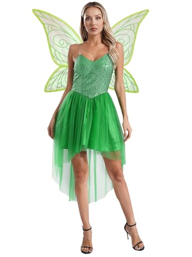 CHICTRY Fee Kostüm Damen Halloween Waldfee Kleid Pailletten Glitzer Partykleid Festlich Vokuhila Kleid Nit Schmetterling Flügel Prinzessin Grün M von CHICTRY