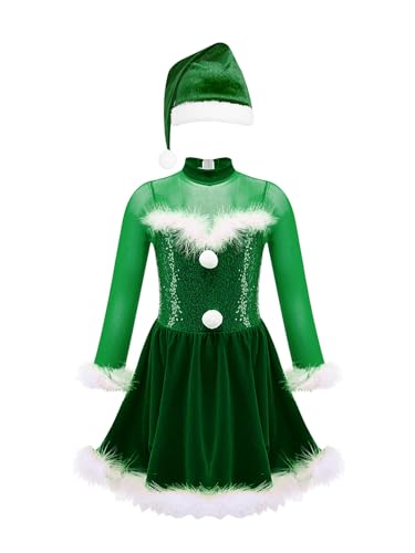 CHICTRY Festliches Kleid Mädchen Weihnachten Kostüm Pailletten Glitzer Partykleid Langarm Samtkleid Federbesatz Tanzkleid Mit Weihnachtsmütze Outfit Grün 134-140 von CHICTRY