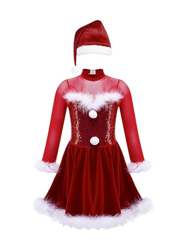 CHICTRY Festliches Kleid Mädchen Weihnachten Kostüm Pailletten Glitzer Partykleid Langarm Samtkleid Federbesatz Tanzkleid Mit Weihnachtsmütze Outfit Rot 158-164 von CHICTRY