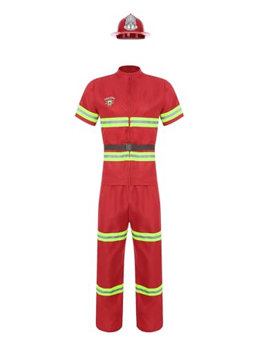 CHICTRY Feuerwehr Kostüm Herren Feuerwehrmann Uniform Kurzarm Reflektierende Shirt Kurzarm Oberteil Mit Gürtel Lang Warnschutzhose Warnhelm Cosplay Outfit Rot L von CHICTRY