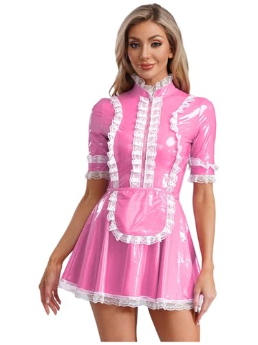 CHICTRY Französisches Dienstmädchen Kostüm Damen Lack Leder Kleid Kurzarm Minikleid Rüschen Spitzen Faltenkleid Mit Schürze Cosplay Outfit Rosa 3XL von CHICTRY