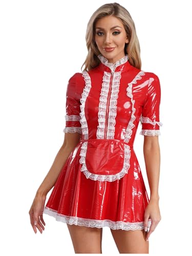 CHICTRY Französisches Dienstmädchen Kostüm Damen Lack Leder Kleid Kurzarm Minikleid Rüschen Spitzen Faltenkleid Mit Schürze Cosplay Outfit Rot 3XL von CHICTRY