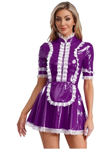 CHICTRY Französisches Dienstmädchen Kostüm Damen Lack Leder Kleid Kurzarm Minikleid Rüschen Spitzen Faltenkleid Mit Schürze Cosplay Outfit Violett 3XL von CHICTRY