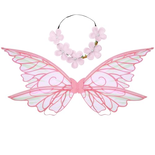 CHICTRY Glitzernde Feenflügel mit Blume Kranz Stirnband Set Faltbar Schmetterling Flügel Fantasie Zauberwelt Engelsflügel für Halloween Karneval Cosplay Rosa One Size von CHICTRY