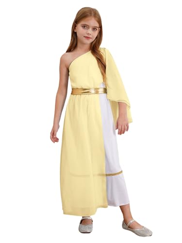 CHICTRY Griechische Göttin Kostüm Kinder Mädchen Römisches Kleid Ein Schulter Tunika Kleid Kleopatra Maxikleid Für Fashcing Karneval Mottoparty Gelb 170 von CHICTRY